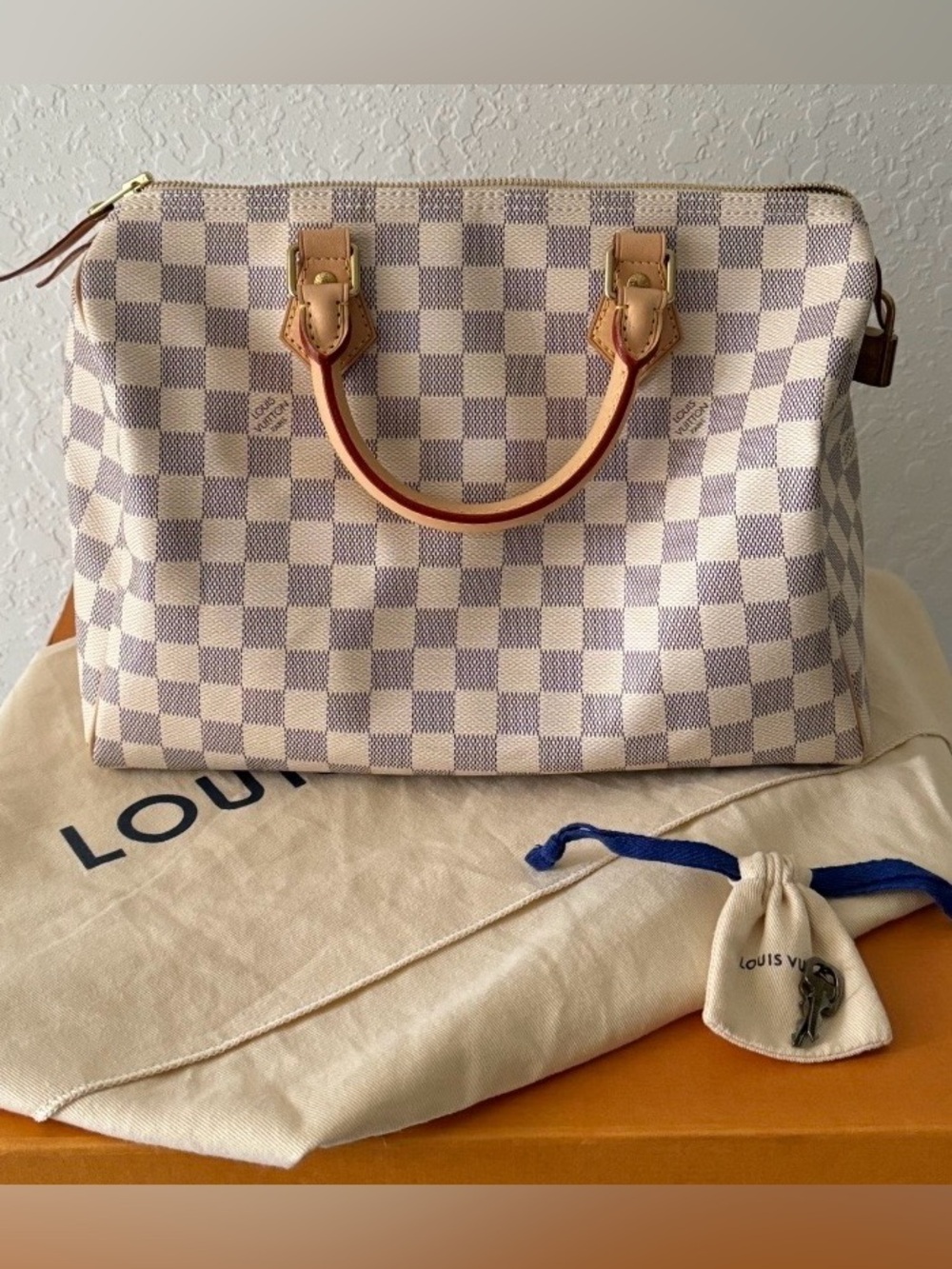 Louis Vuitton Damier Azur Speedy Satchel in Cream and Tan with Gold Hardware